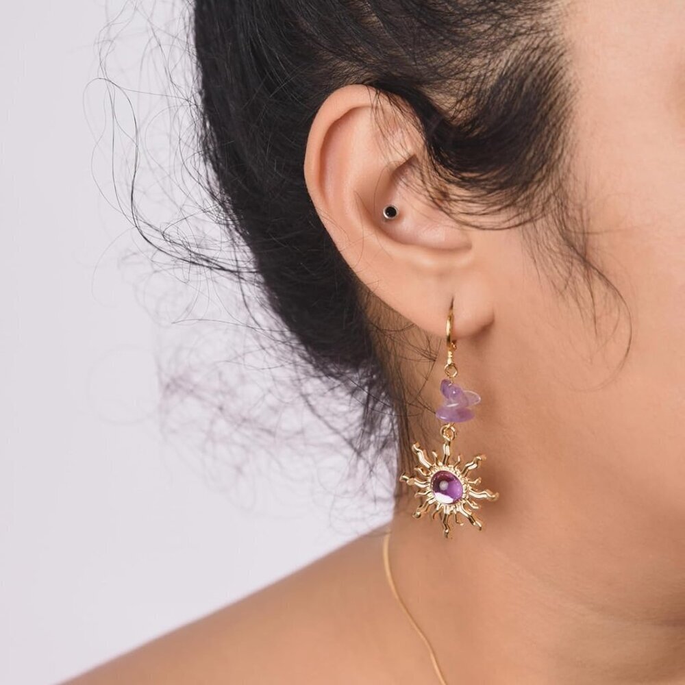 Hippie Boho Sun Crystal Hoop Earrings Summer Jewelry Gift for Women - Picture 3 of 6